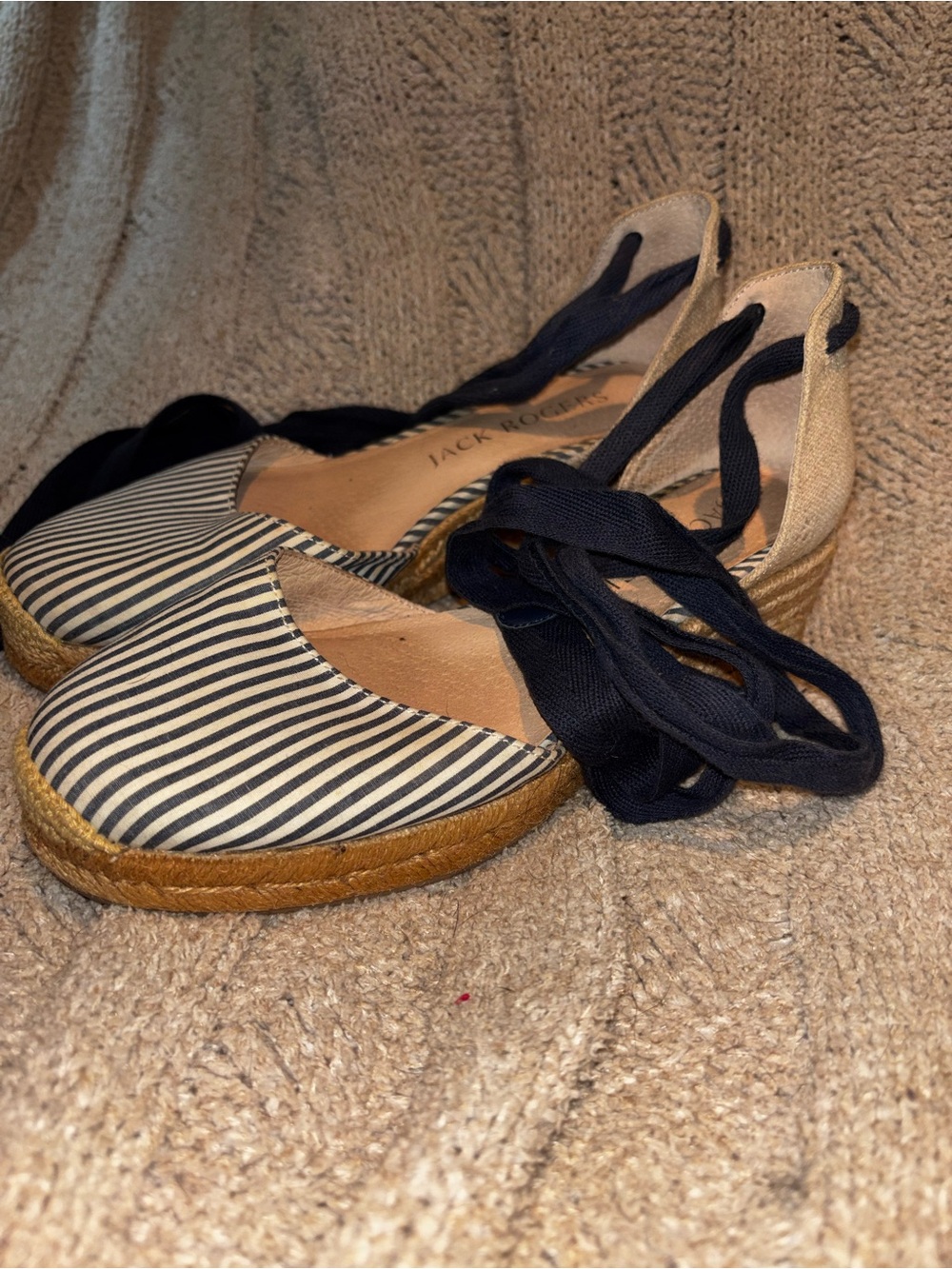 Jack Rogers Striped Espadrille Wedge Sandals Navy Cream Ankle Tie Size 6.5